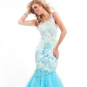 Rachel Allan 6831 Aqua Mint Floral Applique Mermaid Dress